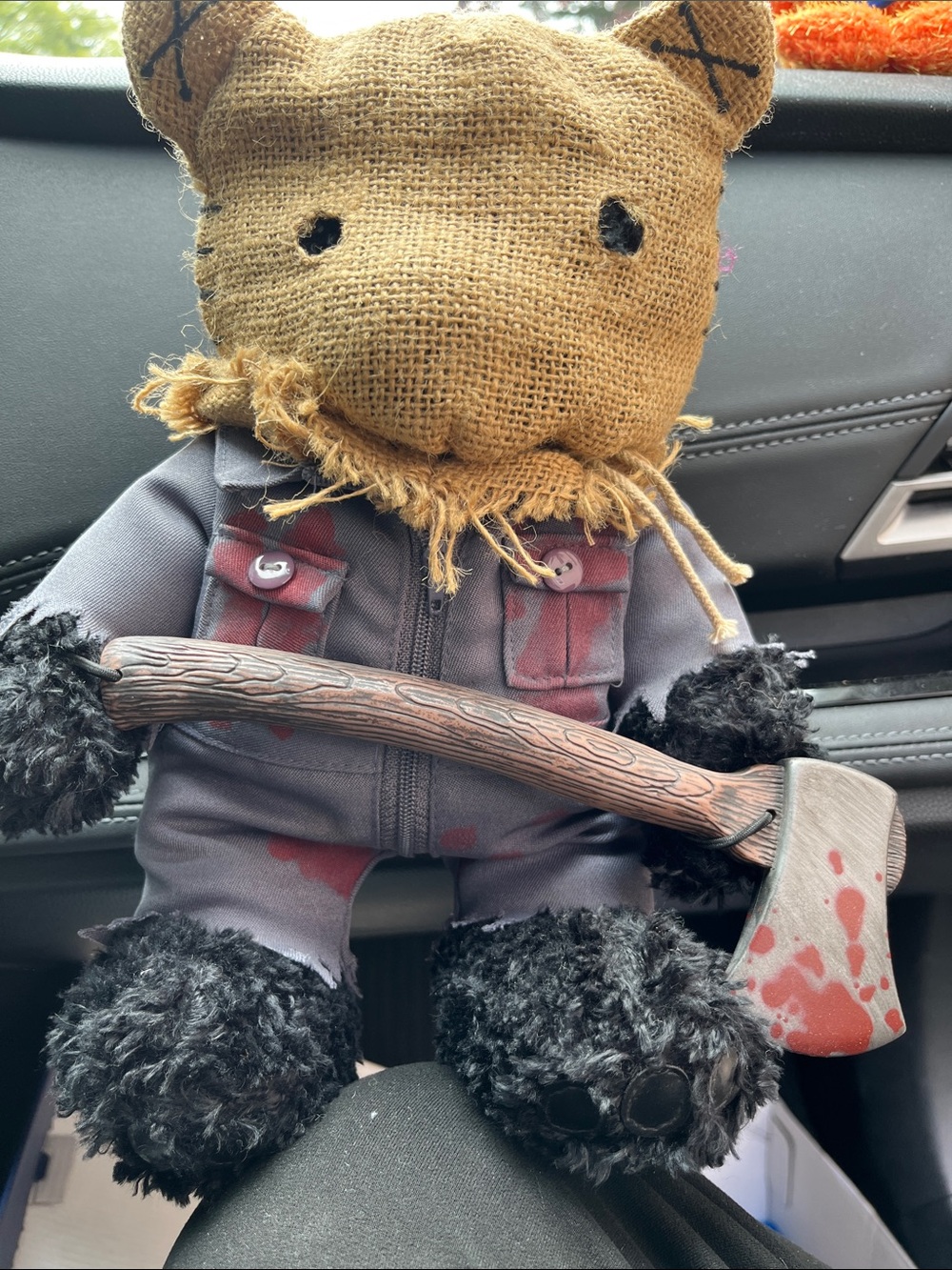 Scarecrow Bear Plush Figure in Brown & Black with Toy Axe